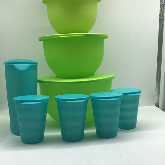 Tupperware Impressions Classic  Bowl  (4) & Jug (4) Tumbler Green & Blue Color - Picture 3 of 16
